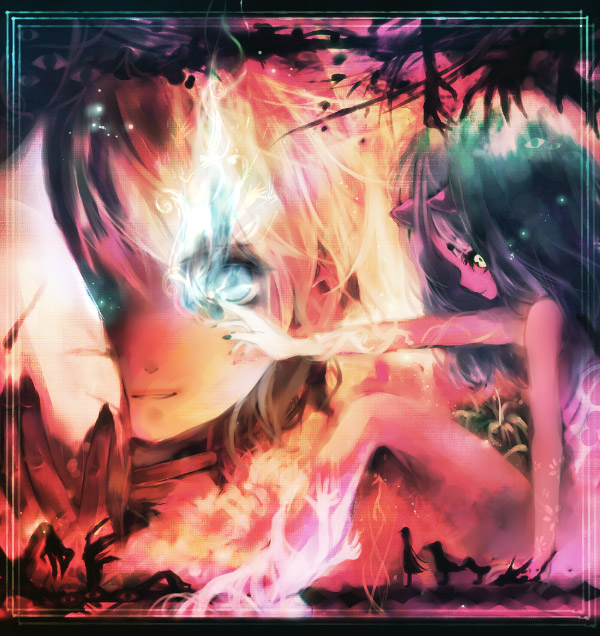 onineko, original, 2girls, demon girl, fire, glowing, glowing eyes, green hair, horns, light smile, long hair, multiple girls, portrait, profile, sitting
