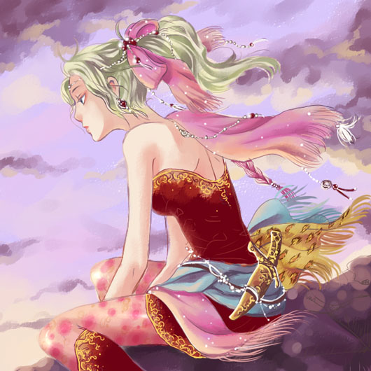 warui hito, tina branford, final fantasy, final fantasy vi, 1990s (style), 1girl, bow, earrings, female focus, green hair, jewelry, long hair, pantyhose, pink bow, ponytail, retro artstyle, ribbon, solo