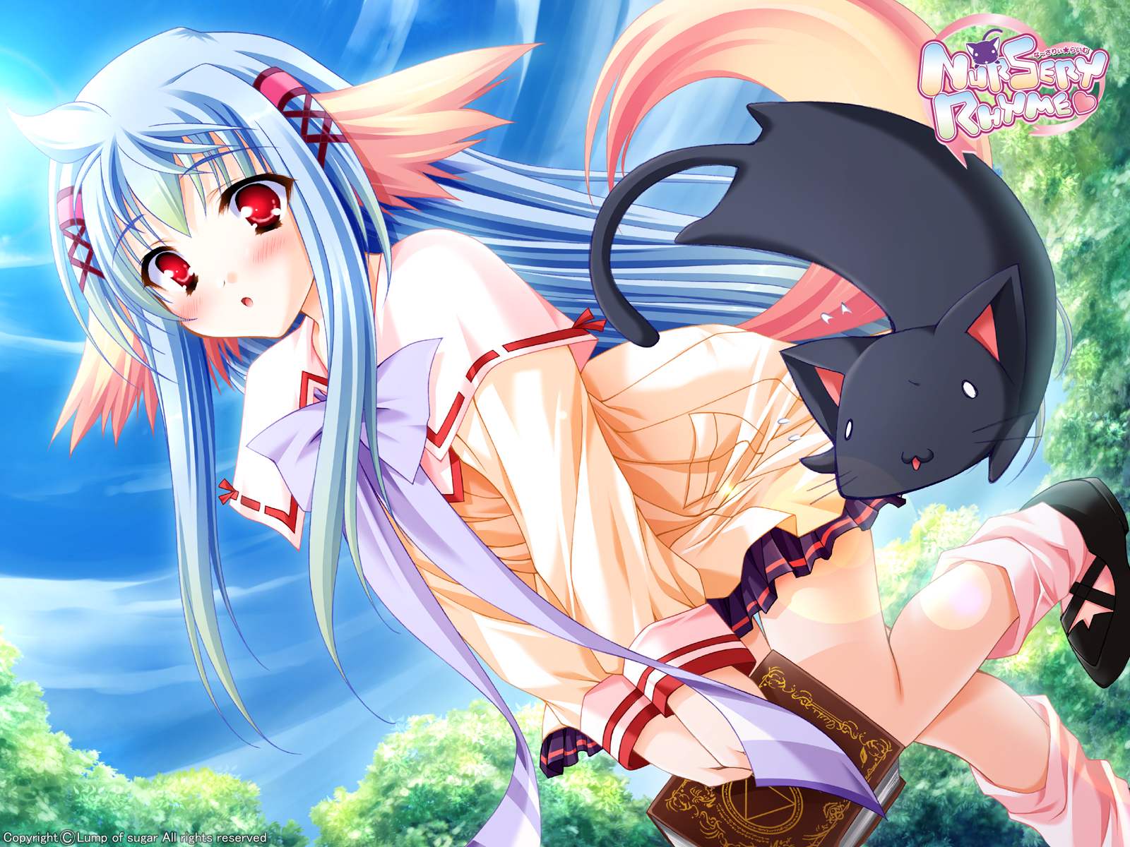 moekibara fumitake, shikishima krile, lump of sugar, nursery rhyme, highres, 1girl, :o, animal ears, bent over, blue hair, blush, book, bow, cat, cloud, day, dutch angle, female focus, gradient hair, hair ribbon, leaning forward, leg lift, long hair, multicolored hair, outdoors, plant, red eyes, ribbon, school uniform, serafuku, shoes, skirt, sky, socks, solo, standing, tail, tree, very long hair