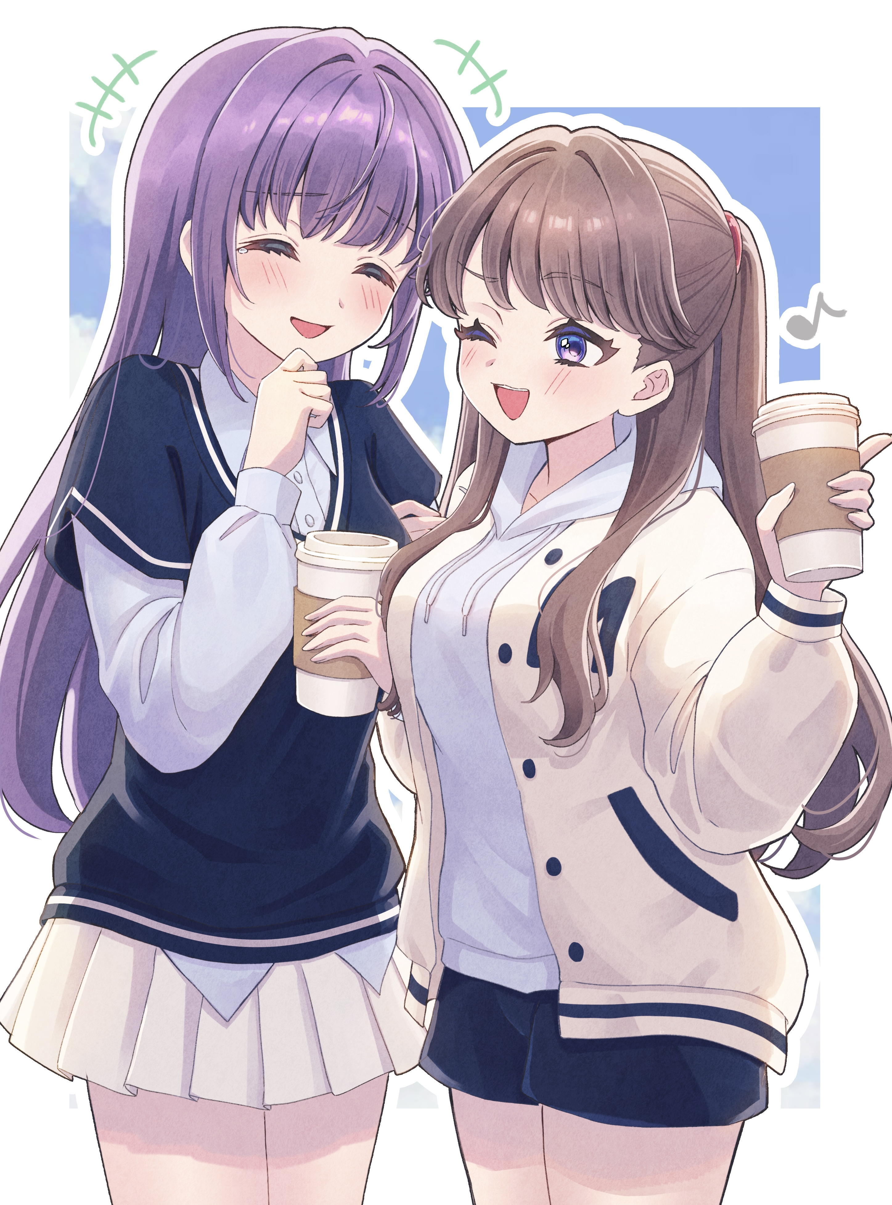 hiyori (20hiyori727), fujishima megumi, otomune kozue, link! like! love live!, love live!, absurdres, commentary request, highres, +++, 2girls, :d, ;d, ^ ^, black shorts, black sweater, blue background, blue sky, blush, border, breasts, brown hair, closed eyes, cloud, collarbone, collared shirt, cowboy shot, cup, disposable coffee cup, disposable cup, dress shirt, holding, holding cup, hood, hoodie, jacket, large breasts, laughing, letterman jacket, long hair, long sleeves, miniskirt, multiple girls, official alternate costume, one eye closed, open clothes, open jacket, open mouth, outline, outside border, pleated skirt, puffy long sleeves, puffy sleeves, purple eyes, purple hair, raised eyebrow, raised inner eyebrows, shirt, short-sleeved sweater, short shorts, short sleeves, shorts, sidelocks, simple background, skirt, sky, smile, standing, sweater, two side up, untucked shirt, virtual youtuber, white border, white hoodie, white outline, white shirt, white skirt