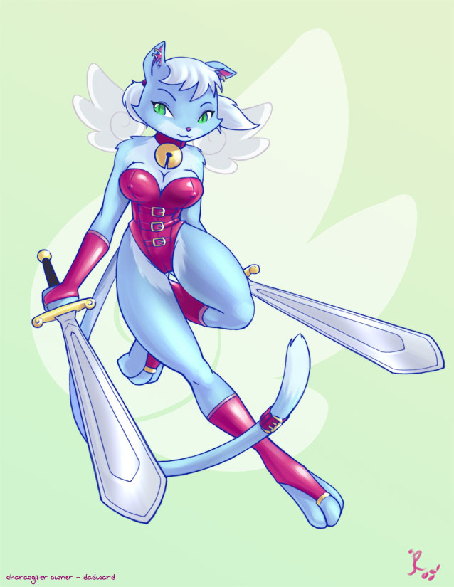 dadward, blade, toeless socks, animal hands, barefoot, bell, cat, collar, corset, feet, furry, solo, sword, tail, toes, weapon, white hair, wings