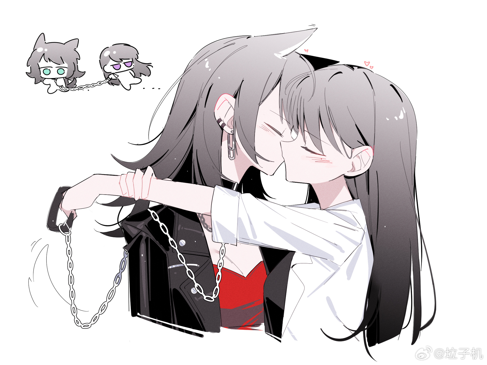 zikiki1092, shiina taki, yahata umiri, bang dream!, bang dream! it's mygo!!!!!, highres, 2girls, animal ears, black collar, black hair, black jacket, blue eyes, blush, breasts, chain, chain leash, cleavage, closed eyes, collar, earrings, holding, holding leash, jacket, jewelry, kiss, leash, long hair, medium breasts, multiple girls, purple eyes, red shirt, shirt, simple background, white background, white shirt, wolf ears, yuri