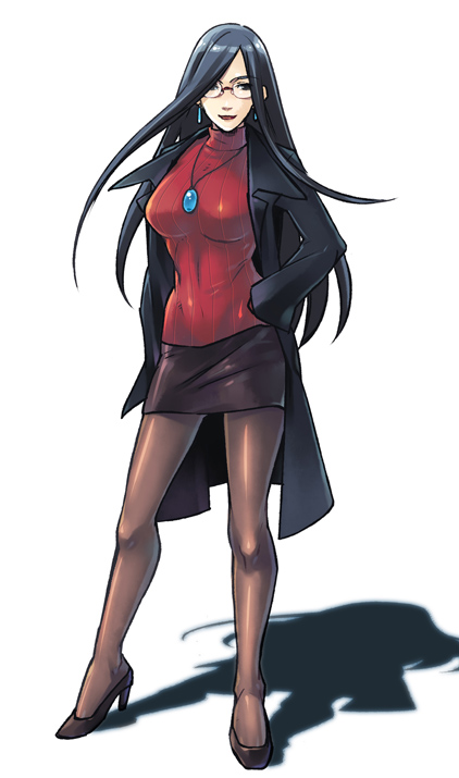 hpa (foolish factory), minazuki kyoko, capcom, justice gakuen, shiritsu justice gakuen, 1girl, black hair, breasts, female focus, glasses, high heels, jewelry, large breasts, long hair, miniskirt, necklace, pantyhose, pencil skirt, ribbed sweater, school nurse, shoes, skirt, solo, sweater, turtleneck