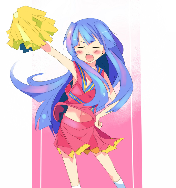 kanikama, furude rika, higurashi no naku koro ni, 00s, blue hair, blush, cheerleader, closed eyes, long hair, navel, open mouth, pom pom (cheerleading), shirt, skirt, sleeveless, sleeveless shirt, smile, socks