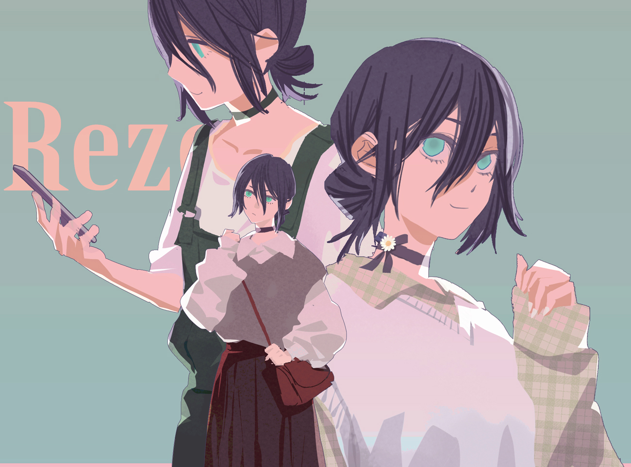 bing (gomatora5656), reze (chainsaw man), chainsaw man, commentary request, 1girl, aqua eyes, bag, black choker, black hair, black skirt, character name, choker, green background, green overalls, green shirt, grey sweater, hair between eyes, hair bun, holding, holding phone, multiple views, overalls, phone, plaid clothes, plaid shirt, shirt, shoulder bag, skirt, sweater, sweater vest, vest, white shirt, white sweater, white vest