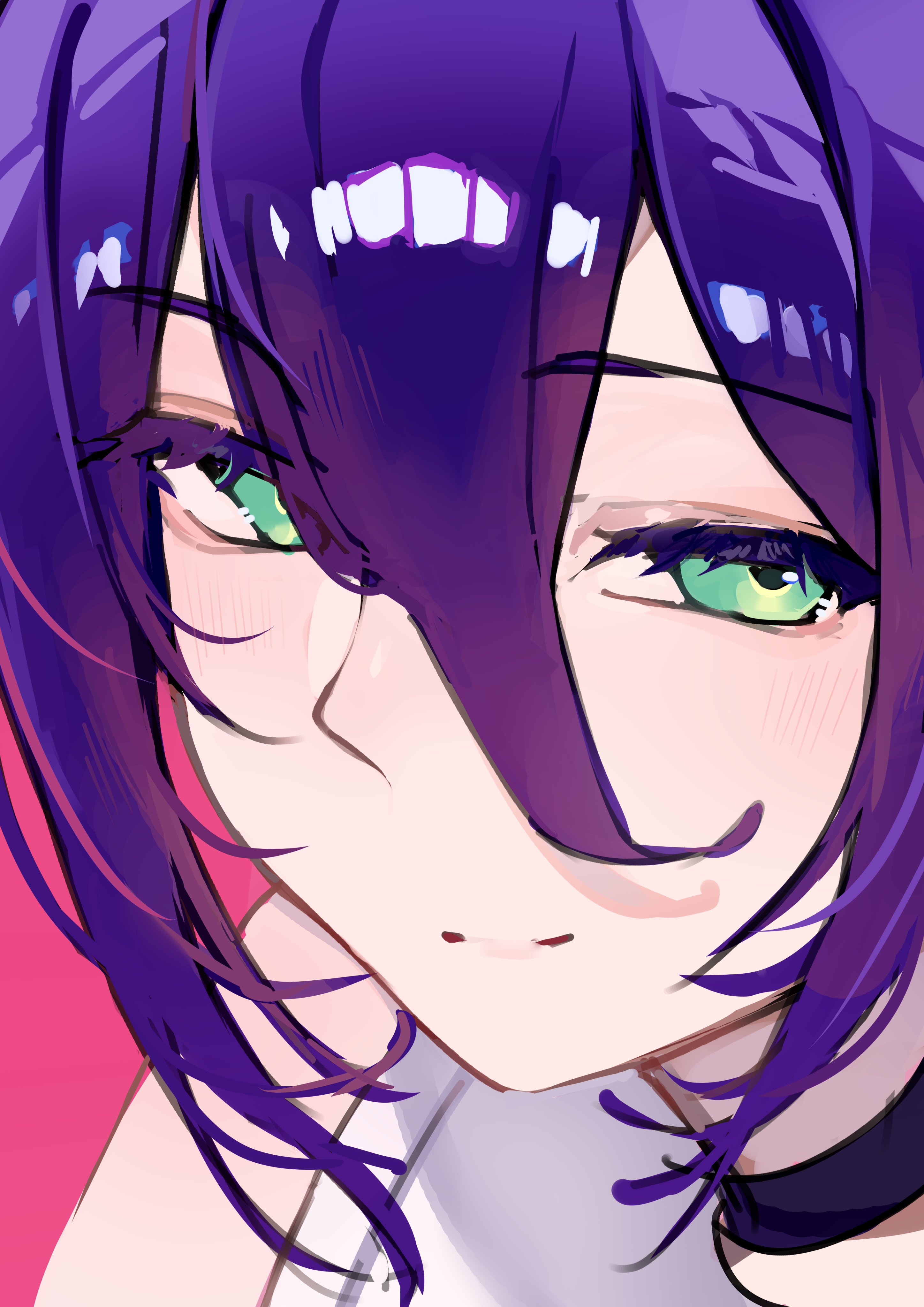 bloom muchi, reze (chainsaw man), chainsaw man, absurdres, highres, 1girl, black choker, choker, close-up, green eyes, hair between eyes, looking at viewer, pink background, purple hair, shirt, simple background, solo, white shirt