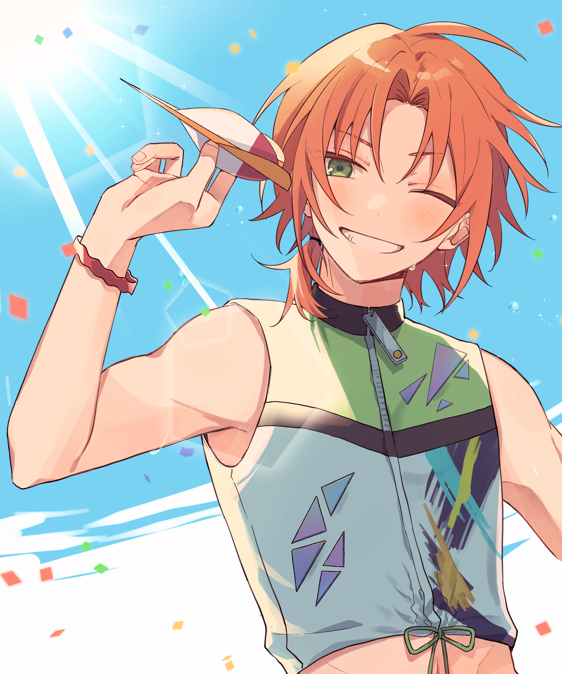 zu tonatuyasumi, tsukinaga leo, ensemble stars!, highres, 1boy, blue sky, bracelet, confetti, cropped jacket, green eyes, hair between eyes, holding dart, jewelry, light rays, low ponytail, male focus, medium hair, official alternate costume, one eye closed, orange hair, parted bangs, ponytail, short ponytail, sky, sleeveless, sleeveless jacket, smile, solo