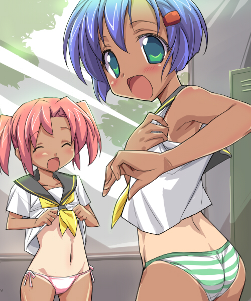 eeeeee, original, 2girls, blue hair, blush, bottomless, closed eyes, dark-skinned female, dark skin, green eyes, light rays, locker, locker room, looking back, multiple girls, no pants, one-piece tan, open mouth, panties, pink hair, pink panties, school uniform, serafuku, short hair, side-tie panties, striped clothes, striped panties, sunbeam, sunlight, tan, tanline, twintails, underwear