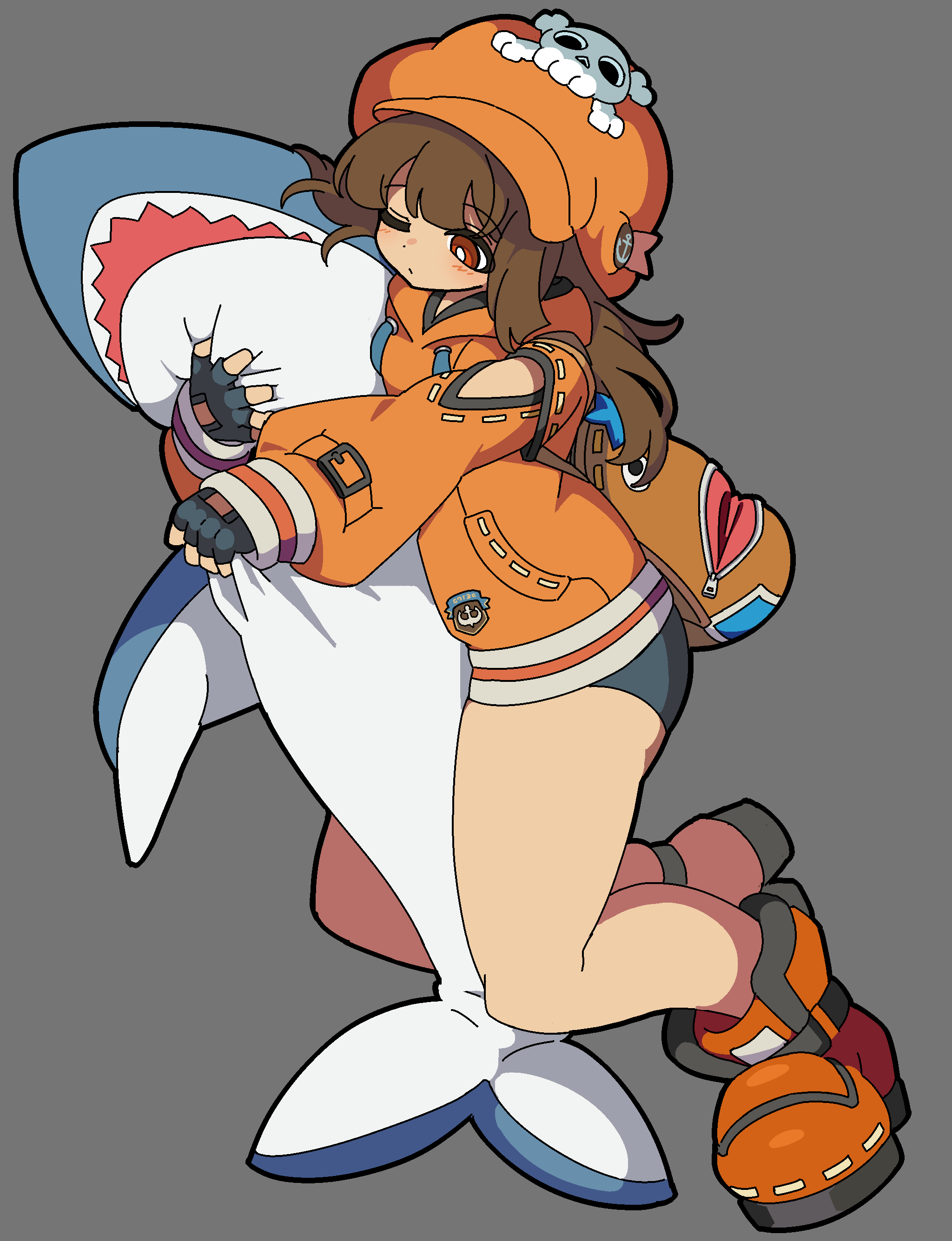 kekeken, may (guilty gear), mr. dolphin (guilty gear), guilty gear, guilty gear strive, absurdres, highres, 1girl, bag, bike shorts, black gloves, black shorts, blush, brown eyes, brown hair, fingerless gloves, full body, gloves, grey background, hat, holding, hood, hood down, hoodie, long hair, long sleeves, newsboy cap, one eye closed, orange bag, orange hat, orange hoodie, orange shoes, puffy sleeves, shoes, short shorts, shorts, skull and crossbones, thick thighs, thighs