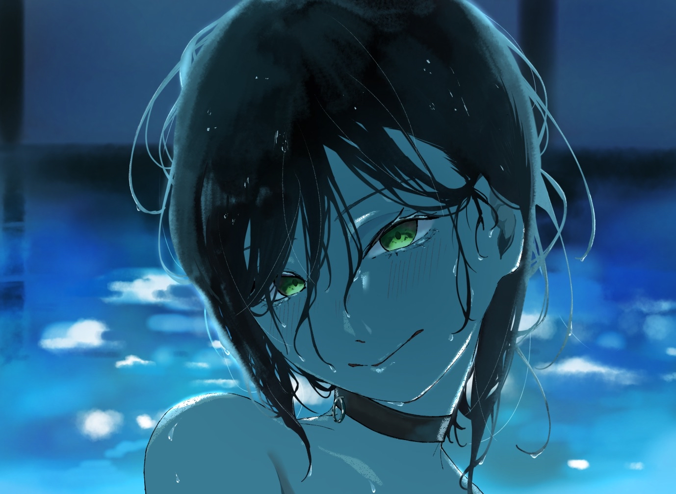 tsukatsuka (riyouoshi), reze (chainsaw man), chainsaw man, 1girl, black choker, black hair, choker, close-up, closed mouth, green eyes, grenade pin, looking at viewer, pool, solo, wet, wet hair