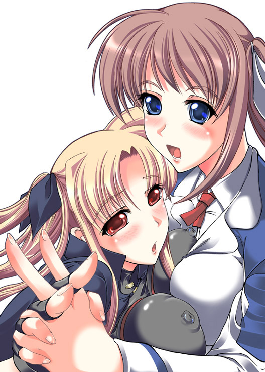 ootori mahiro, ootori mahiru, fate testarossa, takamachi nanoha, lyrical nanoha, mahou shoujo lyrical nanoha, mahou shoujo lyrical nanoha strikers, 00s, 2girls, ate testarossa, blonde hair, blue eyes, blush, breast press, breasts, covered erect nipples, fingerless gloves, gloves, holding hands, long hair, multiple girls, ponytail, purple eyes, red eyes, symmetrical docking, twintails, yuri