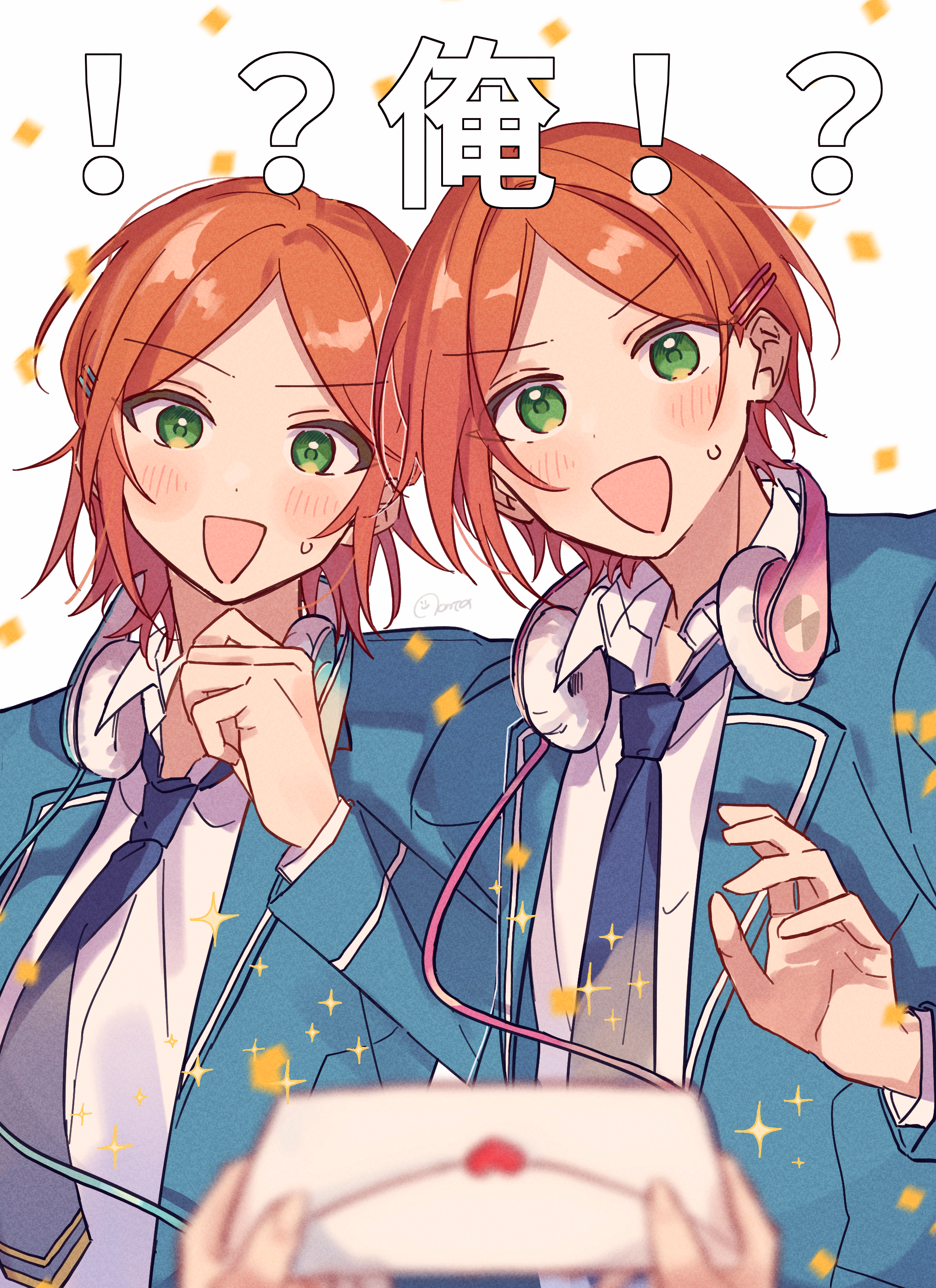 zu tonatuyasumi, aoi hinata, aoi yuta, ensemble stars!, absurdres, highres, 2boys, blue jacket, blue necktie, blush, confetti, green eyes, hair ornament, hairclip, headphones, jacket, long sleeves, male focus, medium hair, multiple boys, necktie, open mouth, orange hair, parted bangs, pov, pov hands, school uniform, siblings, simple background, smile, sweatdrop, twins, white background, yumenosaki school uniform