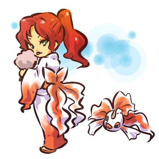 hitec, goldeen, moemon, nintendo, pokemon, pokemon rgby, 1990s (style), 1girl, bow, cotton candy, creature and personification, food, gen 1 pokemon, green eyes, holding, holding cotton candy, holding food, horns, japanese clothes, kimono, personification, pokemon (creature), ponytail, red hair, retro artstyle, ribbon, tongue, yukata