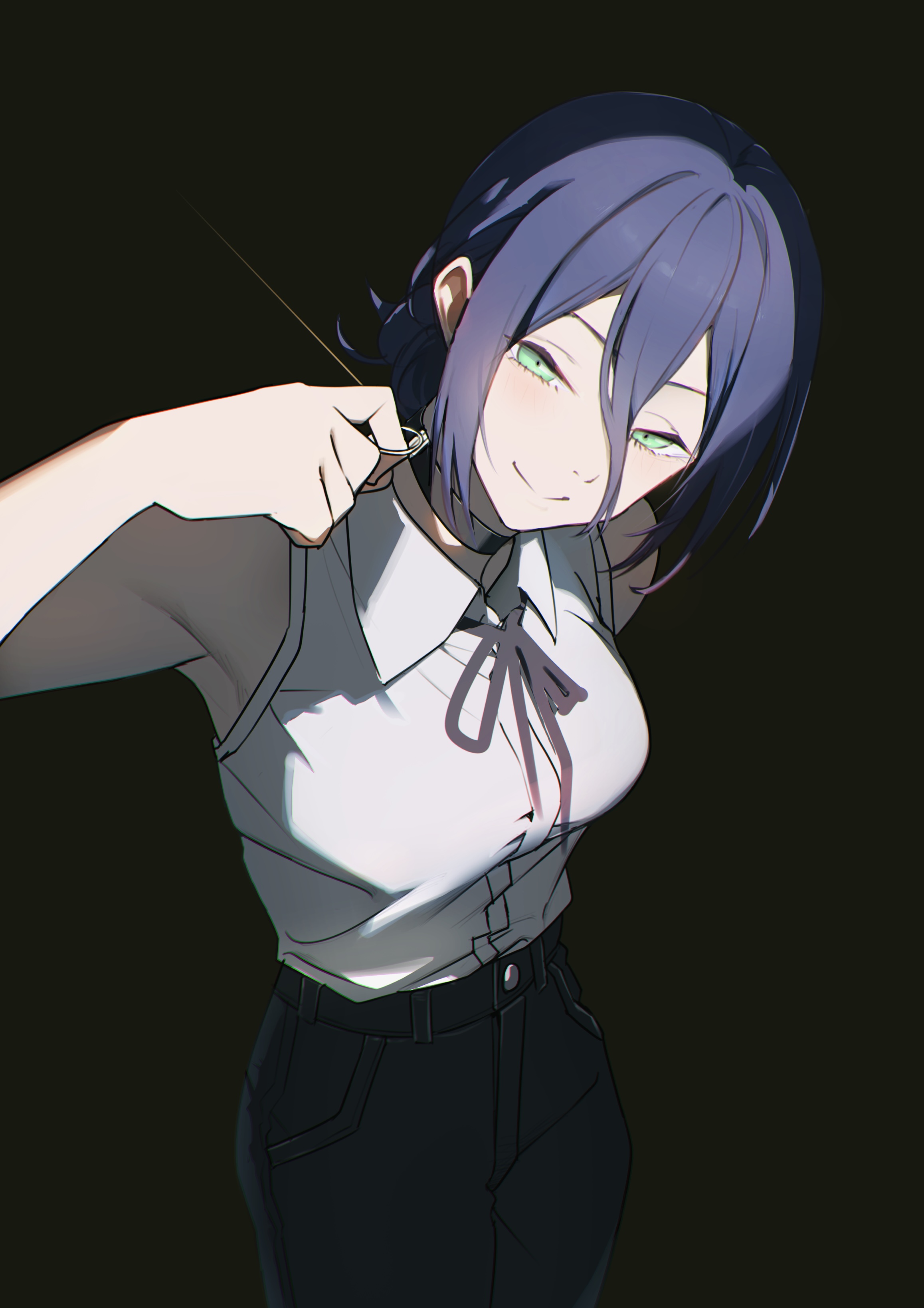 reze (chainsaw man), chainsaw man, absurdres, commentary request, highres, 1girl, black background, black choker, black ribbon, black shorts, blue hair, breasts, choker, closed mouth, collared shirt, green eyes, grenade pin, hair between eyes, large breasts, looking at viewer, neck ribbon, ribbon, shirt, shorts, sleeveless, sleeveless shirt, smile, solo, user hegd7837, white shirt