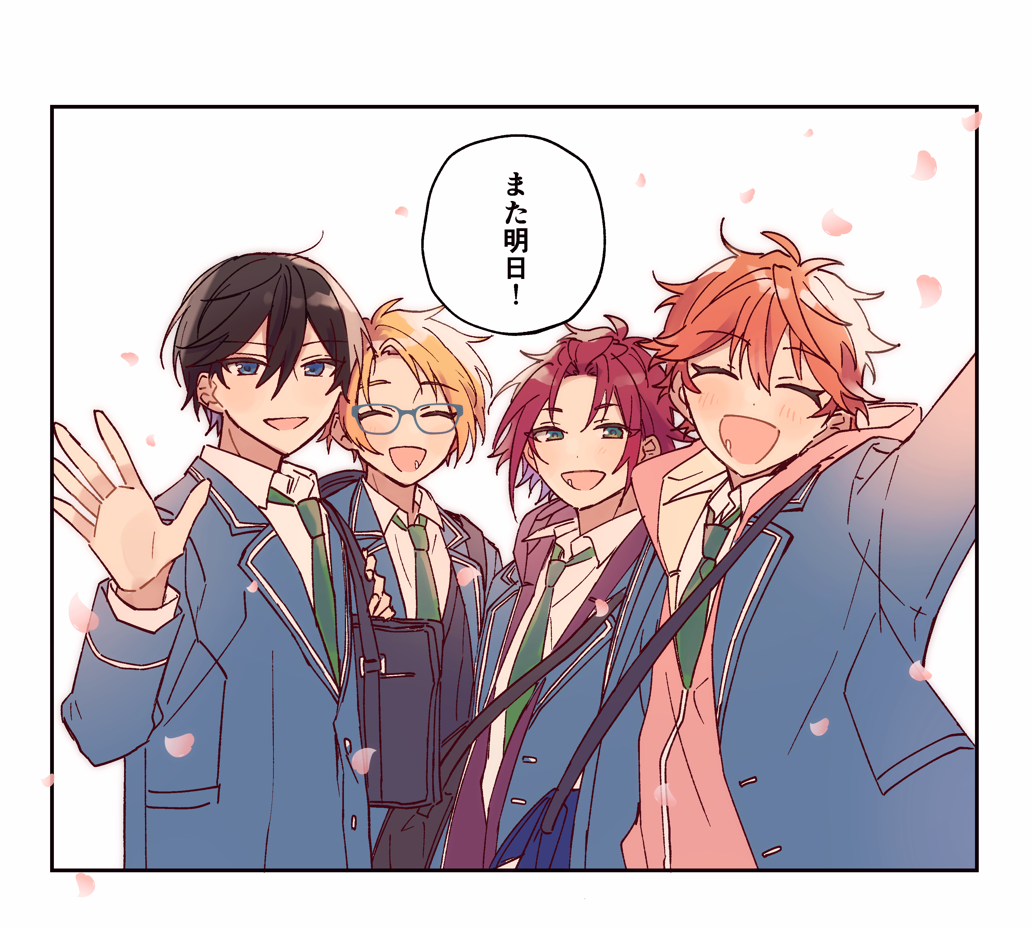 zu tonatuyasumi, akehoshi subaru, hidaka hokuto, isara mao, yuuki makoto (ensemble stars!), ensemble stars!, absurdres, highres, 4boys, arm up, bangs pinned back, black hair, blazer, blonde hair, blue-framed eyewear, blue eyes, blue jacket, border, closed eyes, falling petals, glasses, green eyes, green necktie, hair between eyes, jacket, long sleeves, looking at viewer, male focus, multiple boys, necktie, open clothes, open jacket, open mouth, orange hair, petals, pink petals, red hair, school uniform, short hair, smile, speech bubble, trickstar (ensemble stars!), upper body, waving, yumenosaki school uniform