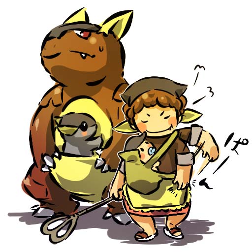 hitec, kangaskhan, moemon, nintendo, pokemon, pokemon rgby, 1990s (style), 1girl, :t, apron, baby, bandana, blush, blush stickers, brown hair, closed eyes, costume, creature and personification, fang, gen 1 pokemon, personification, pokemon (creature), retro artstyle, skirt, smile, sweatdrop