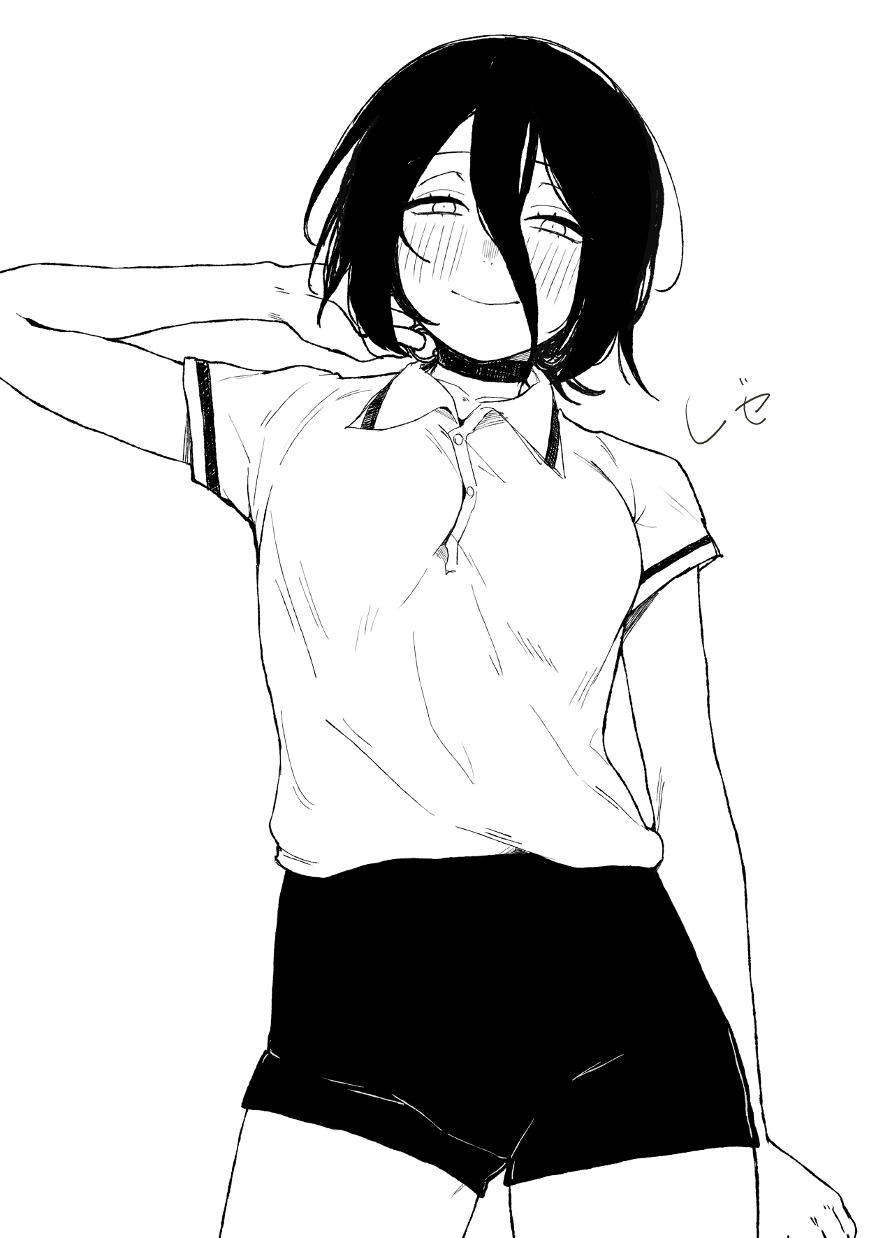 hibanachiku, reze (chainsaw man), chainsaw man, commentary request, highres, 1girl, choker, closed mouth, grenade pin, greyscale, hair between eyes, looking at viewer, monochrome, polo shirt, shirt tucked in, short shorts, shorts, smile, solo