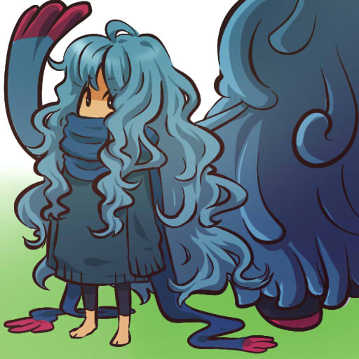 hitec, tangrowth, moemon, nintendo, pokemon, pokemon dppt, 00s, 1girl, barefoot, blue hair, creature and personification, dark skin, gen 4 pokemon, long hair, long sleeves, messy hair, personification, pokemon (creature), scarf, sweater, very long hair