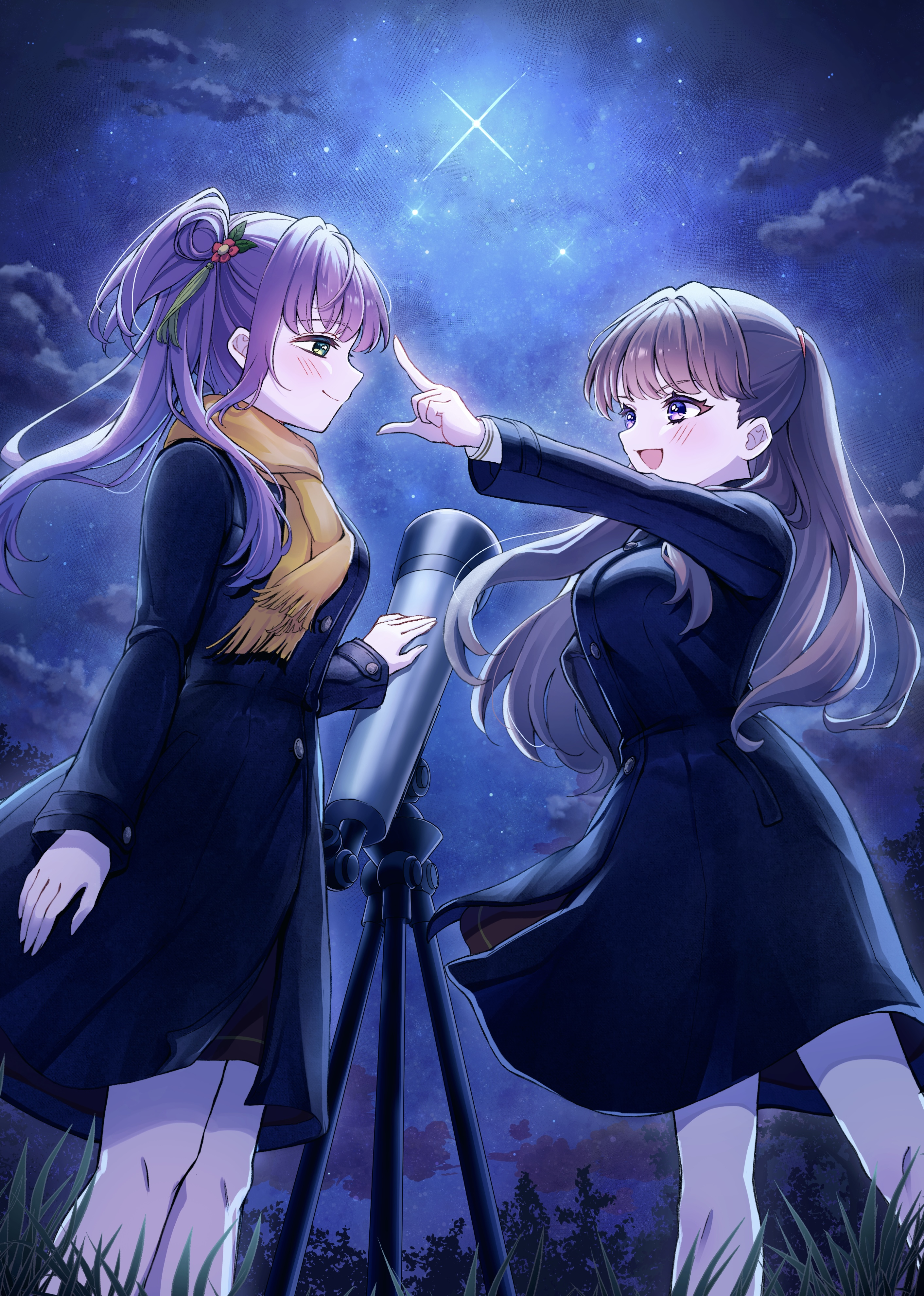 hiyori (20hiyori727), fujishima megumi, otomune kozue, link! like! love live!, love live!, absurdres, commentary request, highres, 2girls, :d, blue coat, breasts, brown dress, brown scarf, cloud, coat, collared coat, diffraction spikes, dress, feet out of frame, grass, hasu no sora school uniform, large breasts, long sleeves, looking at another, multiple girls, night, night sky, open mouth, outdoors, outstretched arm, profile, scarf, school uniform, sky, smile, standing, star (sky), starry sky, telescope, virtual youtuber, winter uniform