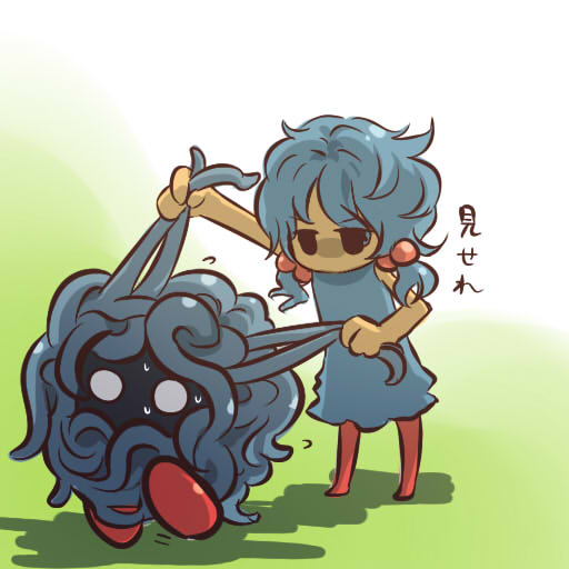 hitec, tangela, moemon, nintendo, pokemon, pokemon rgby, translation request, 1990s (style), 1girl, blue hair, creature and personification, dark skin, dress, gen 1 pokemon, grabbing another's hair, hair bobbles, hair ornament, holding another's hair, messy hair, moe (phrase), personification, plant, pokemon (creature), retro artstyle, short hair, sweat, thighhighs, twintails, vines