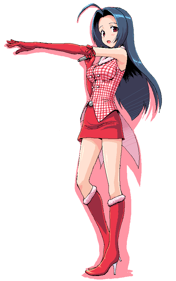 takayaki, miura azusa, idolmaster, idolmaster (classic), idolmaster 1, 00s, ahoge, boots, breasts, cute & girly (idolmaster), elbow gloves, gloves, high heels, large breasts, long hair, microphone, miniskirt, shoes, skirt, solo