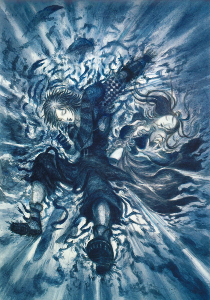 amano yoshitaka, lenne (ff10), shuyin, final fantasy, final fantasy x, final fantasy x-2, official art, 00s, 1boy, 1girl, blue theme, monochrome