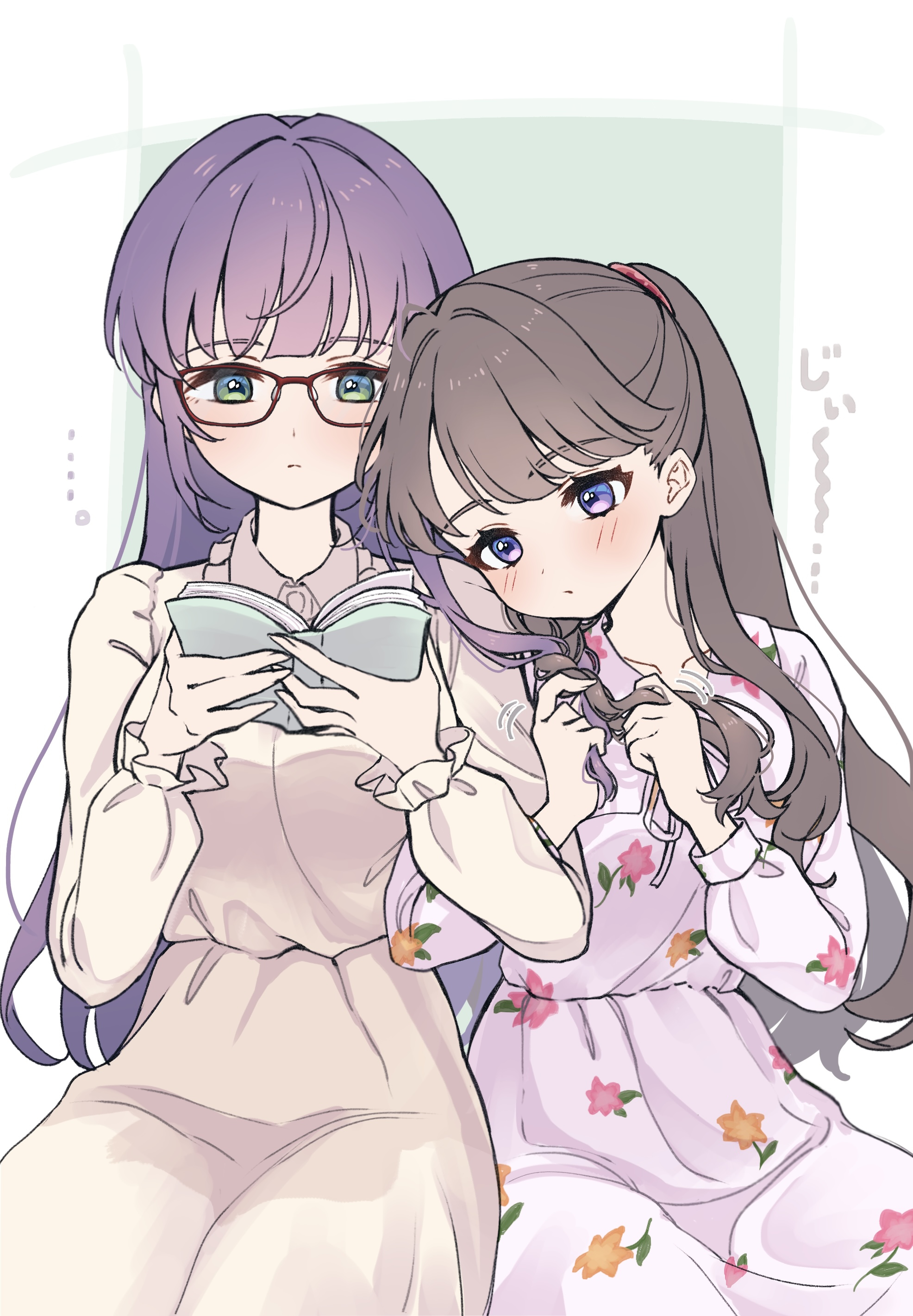 hiyori (20hiyori727), fujishima megumi, fujishima megumi (summer loungewear), otomune kozue, otomune kozue (summer loungewear), link! like! love live!, love live!, absurdres, commentary request, highres, …, 2girls, border, brown hair, closed mouth, collared dress, cowboy shot, dress, floral print, floral print dress, frilled shirt collar, frills, frown, glasses, green background, green eyes, hair intakes, holding, holding another's hair, holding own hair, leaning on person, leaning to the side, locked arms, long dress, long hair, long sleeves, looking at object, multiple girls, outside border, pink dress, print dress, puffy long sleeves, puffy sleeves, purple eyes, purple hair, reading, red-framed eyewear, sidelocks, simple background, sitting, staring, twirling hair, two side up, virtual youtuber, white border, white dress, yuri