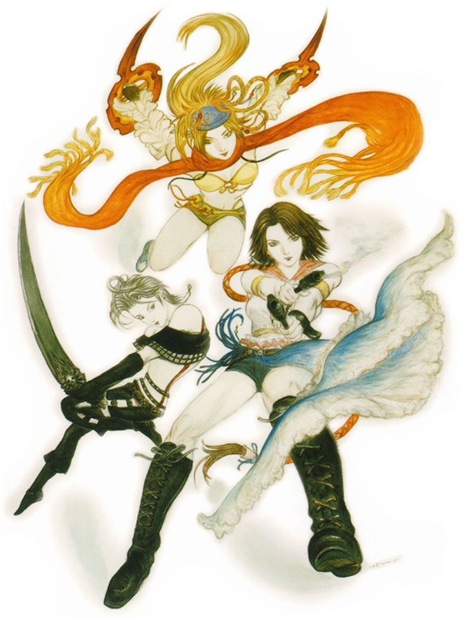 amano yoshitaka, paine, paine (ff10), rikku (ff10), yuna, yuna (ff10), final fantasy, final fantasy x, final fantasy x-2, official art, 00s, 3girls, belt, blonde hair, boots, bra, braid, brown hair, dual wielding, grey hair, gun, headband, holding, knee boots, lingerie, long hair, multiple girls, scarf, short hair, shorts, sword, underwear, very long hair, weapon
