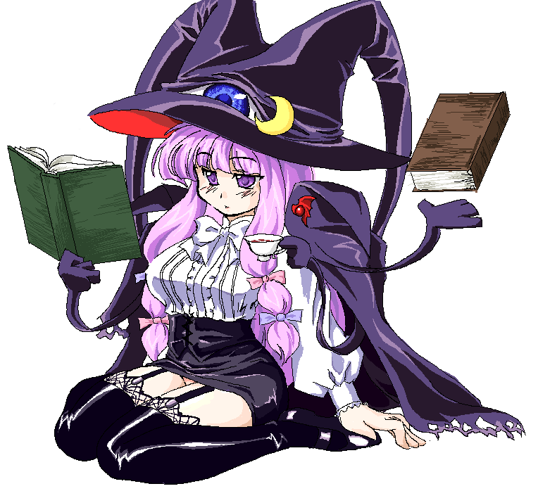 lute (apocalypselibrary), lilith (yamibou), patchouli knowledge, touhou, yami to boushi to hon no tabibito, 1girl, book, breasts, cosplay, crescent, crossover, female focus, garter straps, hat, large breasts, lilith (cosplay), lilith (yamibou) (cosplay), long hair, open book, parody, pencil skirt, purple hair, reading, simple background, sitting, skirt, solo, thighhighs, very long hair, wariza, white background, witch hat, zettai ryouiki