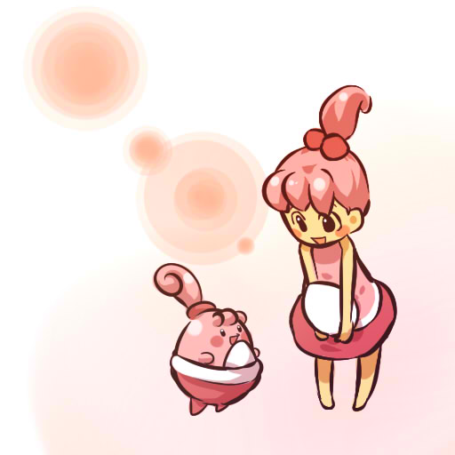 hitec, happiny, moemon, nintendo, pokemon, pokemon dppt, 00s, 1girl, barefoot, blush, blush stickers, child, creature and personification, dress, egg, gen 4 pokemon, hair bobbles, hair ornament, happy, personification, pink hair, pokemon (creature), ponytail, smile