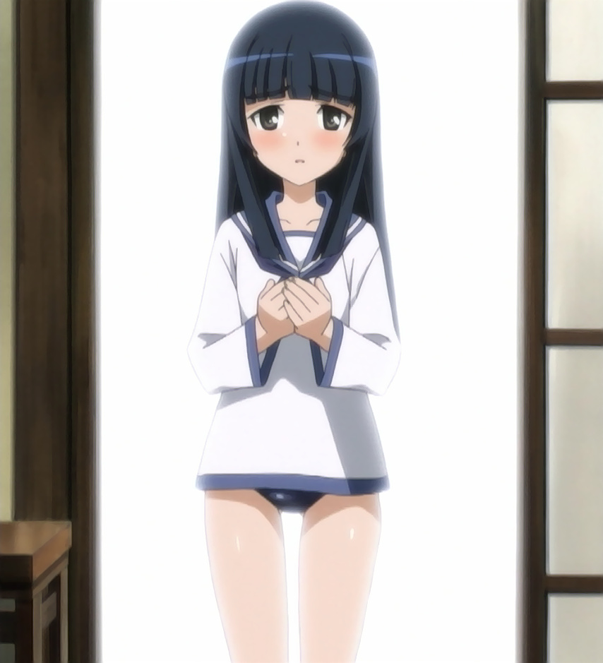 yamakawa michiko, strike witches, world witches series, anime screenshot, stitched, third-party edit, 00s, 1girl, female focus, looking at viewer, no pants, one-piece swimsuit, school swimsuit, solo, swimsuit, swimsuit under clothes