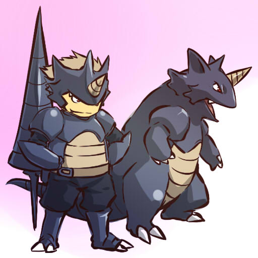 hitec, rhydon, moemon, nintendo, pokemon, pokemon rgby, 1990s (style), 1boy, armor, claws, costume, creature and personification, fang, fangs, gen 1 pokemon, horns, lance, male focus, personification, pokemon (creature), polearm, retro artstyle, shorts, spear, weapon