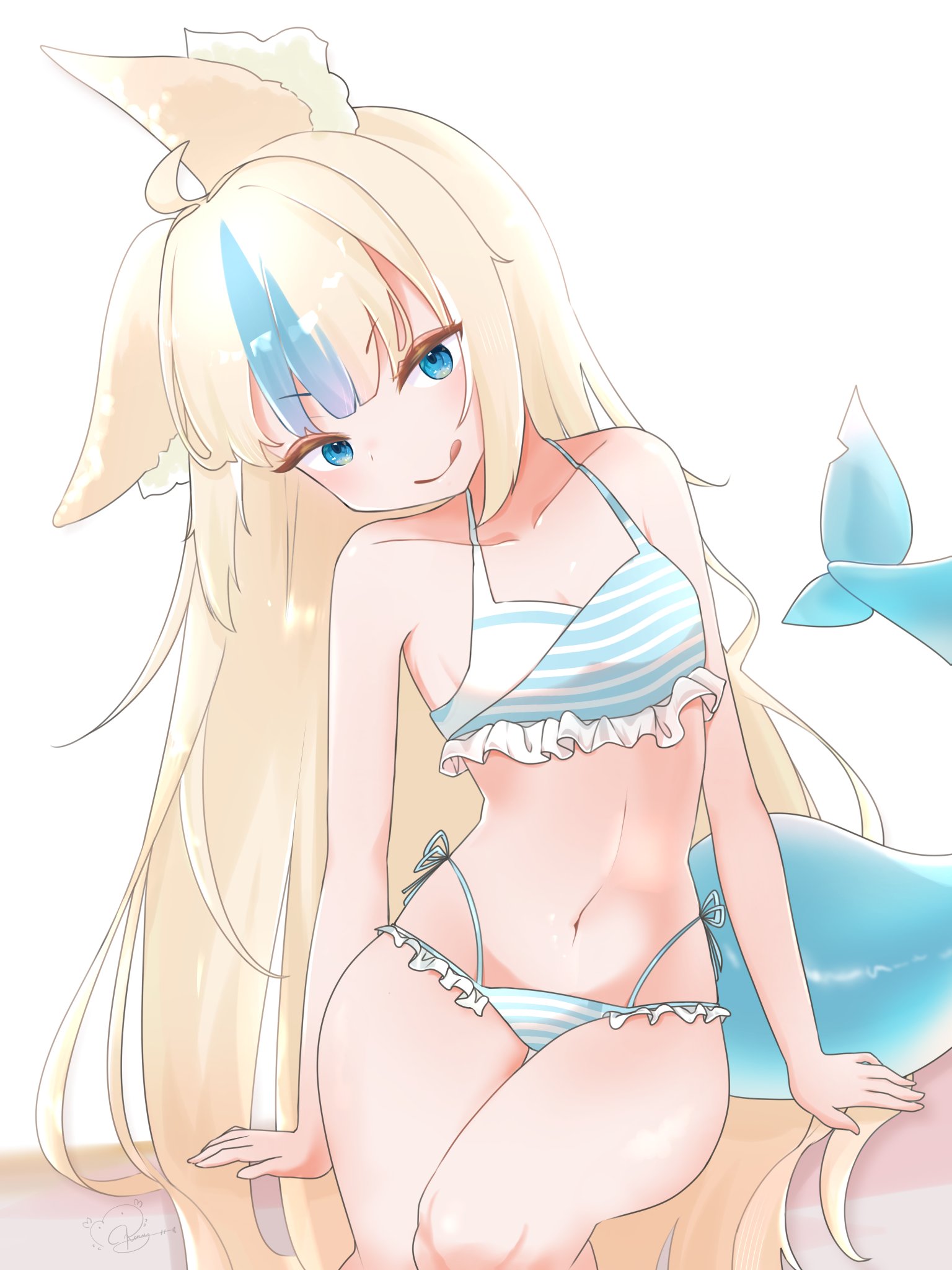 iamurnae, sameko saba, indie virtual youtuber, highres, 1girl, animal ear fluff, animal ears, bikini, blonde hair, blue bikini, blue eyes, blue hair, breasts, cat ears, fins, fish girl, fish tail, long hair, looking at viewer, multicolored hair, small breasts, solo, streaked hair, striped bikini, striped clothes, swimsuit, tail, very long hair, virtual youtuber, white bikini