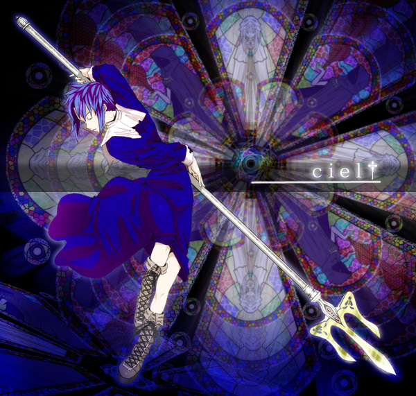 nazo kichi, ciel (tsukihime), tsukihime, 00s, 1girl, blue hair, boots, character name, closed eyes, female focus, holding, holding weapon, lace-up boots, polearm, short hair, sidelocks, solo, spear, stained glass, trident, weapon