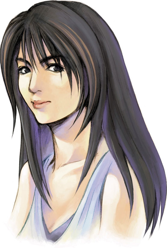nomura tetsuya, rinoa heartilly, final fantasy, final fantasy viii, official art, 1990s (style), 1girl, bare arms, black eyes, black hair, breasts, brown hair, cleavage, closed mouth, collarbone, facing viewer, female focus, hair between eyes, long hair, looking at viewer, multicolored hair, retro artstyle, shirt, simple background, sleeveless, sleeveless shirt, solo, two-tone hair, upper body, white background