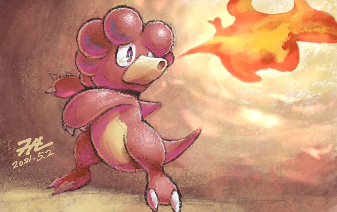 null suke, magby, nintendo, pokemon, commentary request, breath weapon, breathing fire, bright pupils, claws, dated, fire, full body, gen 2 pokemon, legs apart, looking to the side, multicolored eyes, no humans, one-hour drawing challenge, open mouth, pokemon (creature), pokemon focus, signature, solo, standing, white pupils