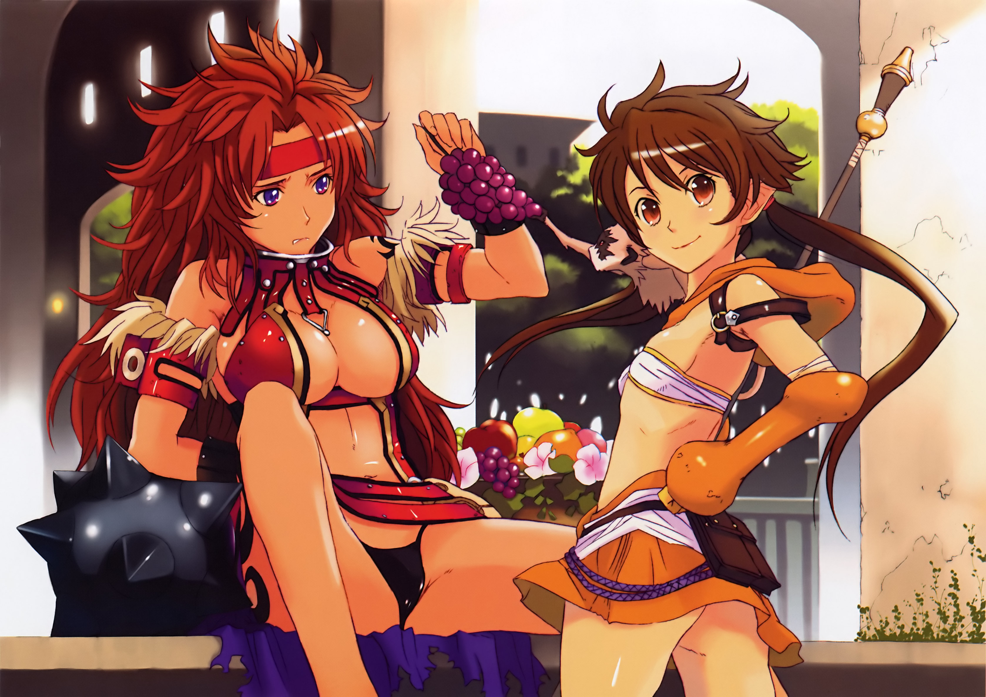 forest keeper nowa, nowa (queen's blade), risty (queen's blade), ruu (queen's blade), wilderness bandit risty, queen's blade, absurdres, highres, 00s, 2girls, breasts, brown hair, cleavage, elbow gloves, flat chest, food, fruit, gloves, grapes, large breasts, monkey, multiple girls, no panties, red hair, staff, twintails