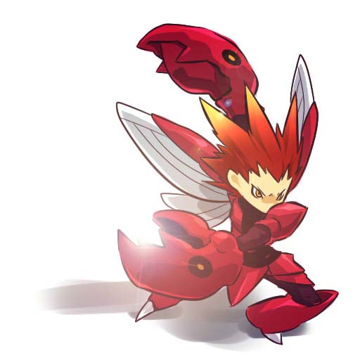 hitec, scizor, moemon, nintendo, pokemon, pokemon gsc, 1990s (style), 1boy, androgynous, armor, claws, costume, gen 2 pokemon, male focus, multicolored hair, orange hair, personification, red hair, retro artstyle, simple background, solo, spiked hair, spikes, two-tone hair, white background, wings, yellow eyes