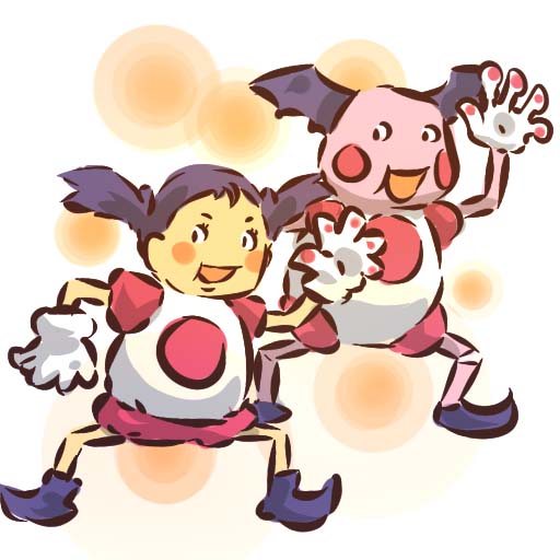 hitec, mr. mime, moemon, nintendo, pokemon, pokemon rgby, 1990s (style), 1girl, :t, blue hair, blush, blush stickers, creature and personification, dress, gen 1 pokemon, gloves, open mouth, personification, pokemon (creature), purple hair, retro artstyle, shoes, short hair, twintails