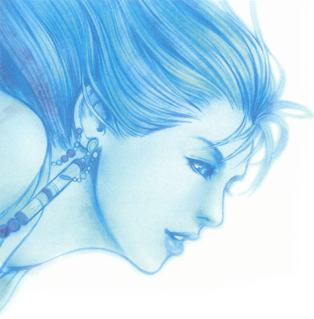 nomura tetsuya, shiva (final fantasy), yuna, yuna (ff10), final fantasy, final fantasy x, official art, 00s, 1girl, blue theme, female focus, monochrome, portrait, solo