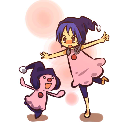 hitec, mime jr., moemon, nintendo, pokemon, pokemon dppt, 00s, 1girl, barefoot, blue hair, creature and personification, dancing, dress, gen 4 pokemon, hat, headphones, headphones around neck, personification, pokemon (creature), short hair, sleeveless