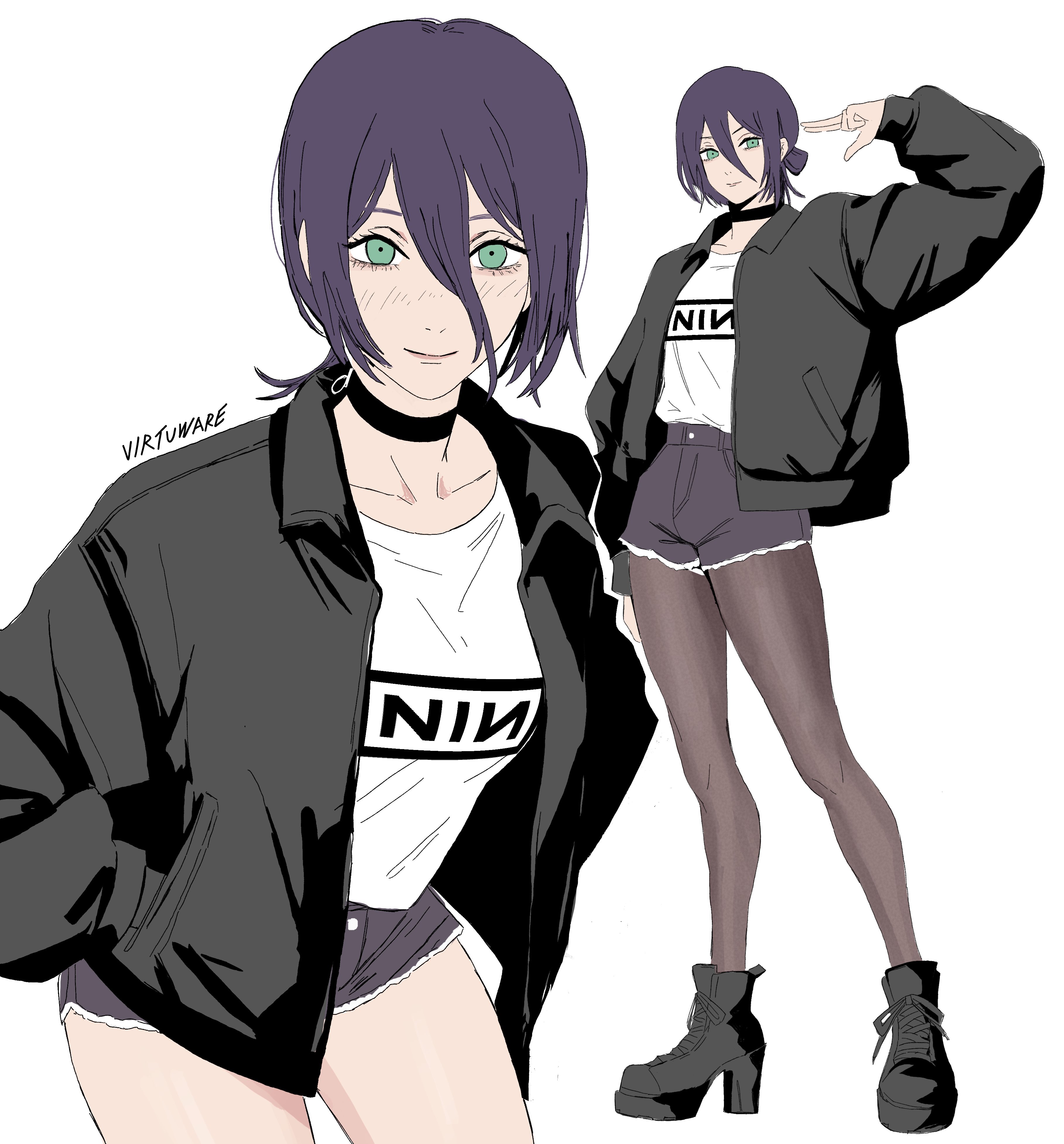 virtuware, reze (chainsaw man), chainsaw man, nine inch nails, absurdres, highres, 1girl, artist name, band shirt, black boots, black choker, black jacket, black pantyhose, boots, choker, closed mouth, green eyes, grenade pin, grey shorts, hair between eyes, high heel boots, high heels, jacket, looking at viewer, merchandise, multiple views, pantyhose, purple hair, shirt, short shorts, shorts, white shirt