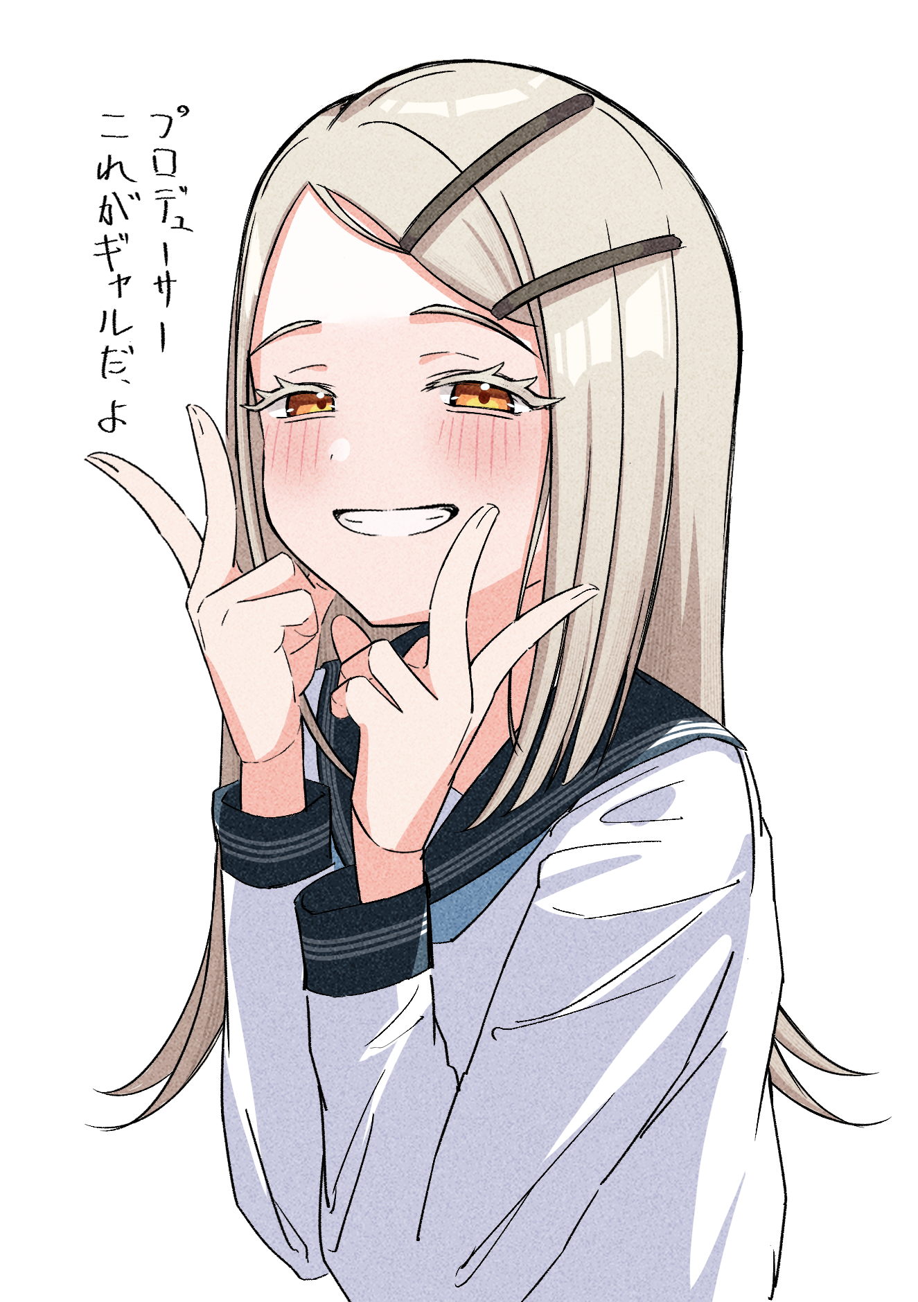 nanami haru, shinosawa hiro, gakuen idolmaster, idolmaster, commentary request, highres, translation request, 1girl, black sailor collar, blonde hair, blush, colored eyelashes, double v, flipped hair, grin, long hair, long sleeves, looking at viewer, orange eyes, sailor collar, school uniform, serafuku, shirt, simple background, smile, solo, upper body, v, white background, white shirt