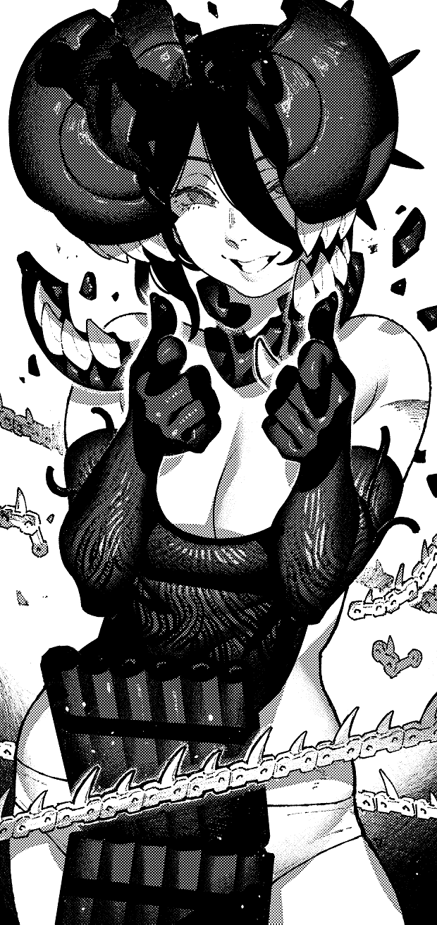 ireading, bomb devil (chainsaw man), reze (chainsaw man), chainsaw man, highres, 1girl, apron, breasts, cleavage, dynamite, elbow gloves, explosive, gloves, greyscale, grin, hair between eyes, large breasts, looking at viewer, monochrome, pointing, pointing at viewer, smile, solo, teeth