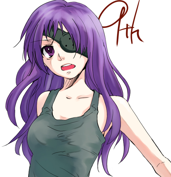 ako, ako (so crazy!?), uryuu minene, mirai nikki, 1girl, :d, armpits, bare shoulders, blush, eyepatch, female focus, looking at viewer, open mouth, purple eyes, purple hair, shirt, sleeveless, sleeveless shirt, smile, solo, tank top
