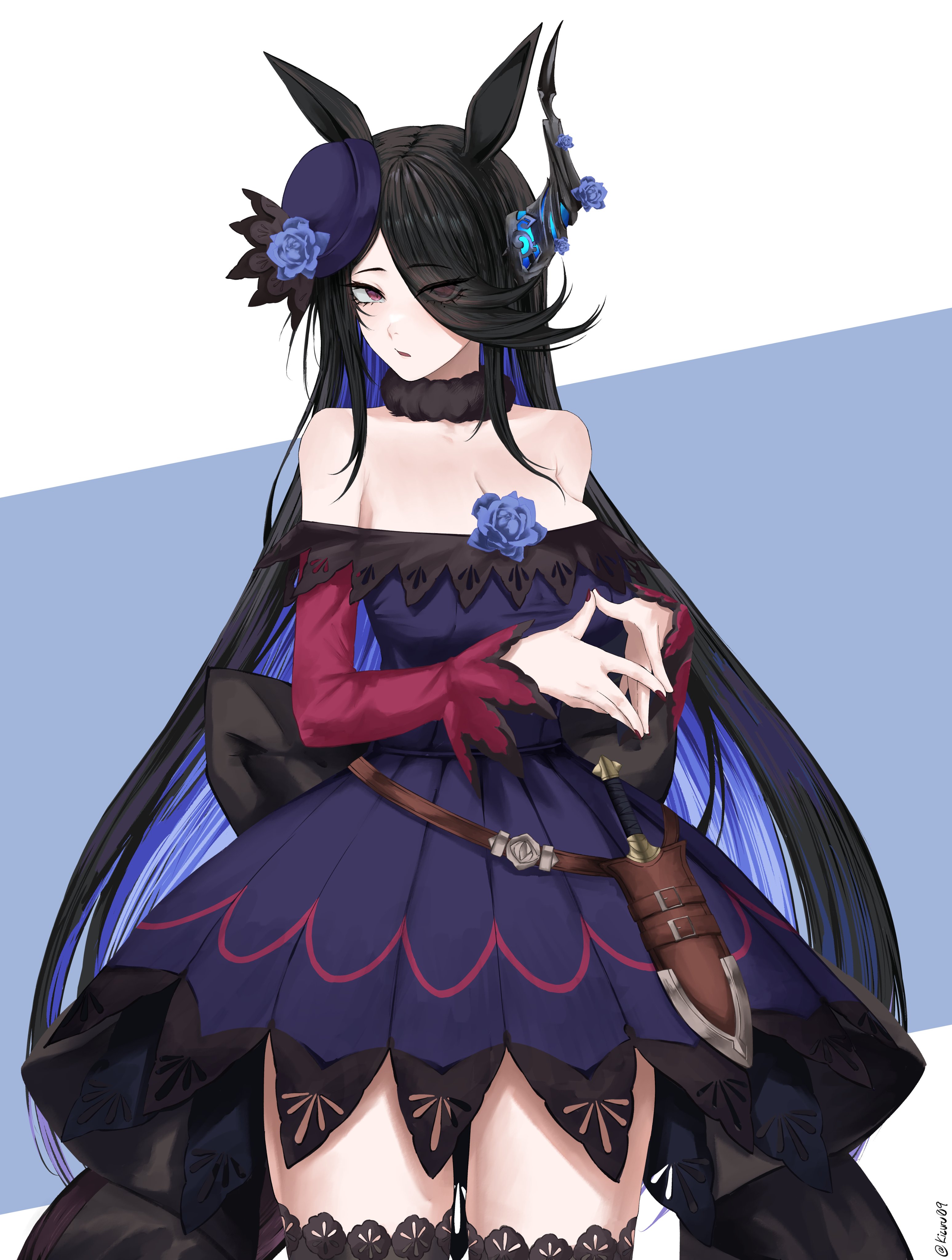 kizuru09, nerissa ravencroft, rice shower (umamusume), hololive, hololive english, umamusume, absurdres, commentary, commission, english commentary, highres, 1girl, animal ears, black hair, black horns, blue dress, blue flower, blue hair, blue hat, blue rose, breasts, cleavage, colored inner hair, cosplay, dagger, dress, flower, fur collar, hair over one eye, hat, horns, horse ears, horse girl, knife, large breasts, long hair, multicolored hair, purple sleeves, red eyes, rice shower (umamusume) (cosplay), rose, sheath, sheathed, single horn, solo, tilted headwear, very long hair, virtual youtuber, weapon