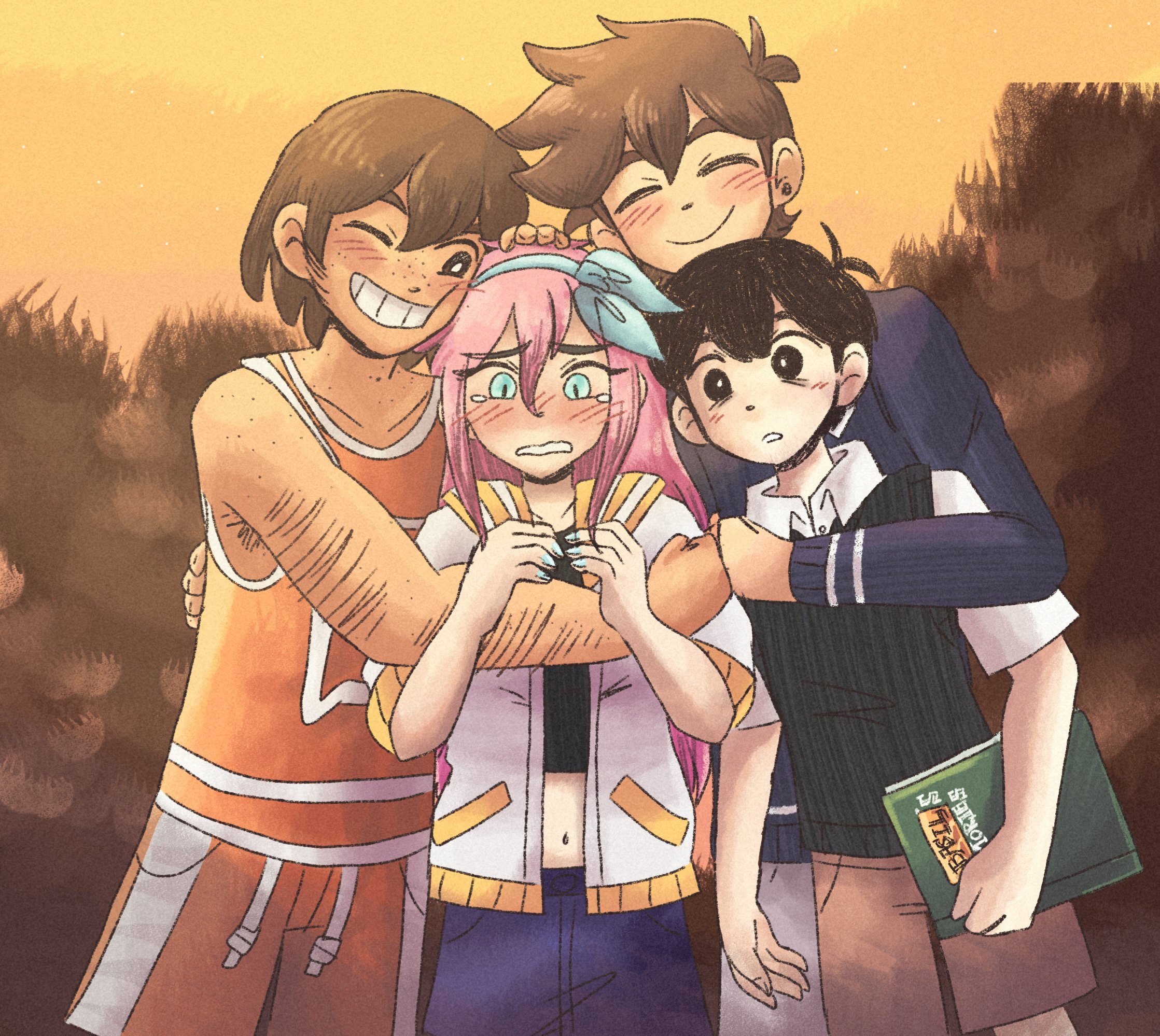 aubrey (faraway) (omori), aubrey (omori), hero (faraway) (omori), hero (omori), kel (faraway) (omori), kel (omori), sunny (omori), omori, highres, 1girl, 3boys, antenna hair, black eyes, black hair, black sweater vest, blue eyes, blue hairband, blue skirt, blue sweater, blurry, blurry background, blush, book, bright pupils, brothers, brown hair, brown shorts, closed eyes, closed mouth, collarbone, collared shirt, crop top, dark-skinned male, dark skin, denim, denim skirt, double-parted bangs, grin, group hug, hair between eyes, hairband, hand on another's head, holding, holding book, hug, jacket, long hair, long sleeves, male focus, multiple boys, navel, one eye closed, open mouth, orange shorts, outdoors, parted lips, radballer2000, scene reference, shirt, short-sleeved jacket, short hair, short sleeves, shorts, siblings, skirt, smile, sunset, sweater, sweater vest, tearing up, teeth, white jacket, white pupils, white shirt