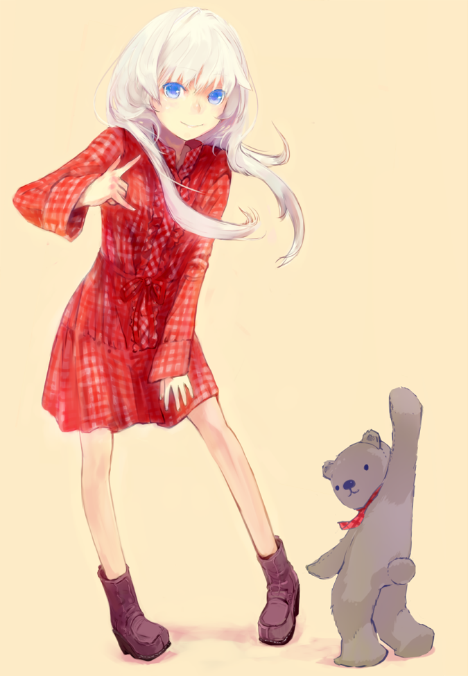 nimirom, original, commentary request, 1girl, m/, ankle boots, blue eyes, blush, boots, center frills, closed mouth, dress, floating hair, frills, full body, gingham, gingham dress, hair over shoulder, hand on own thigh, hand up, long hair, long sleeves, looking at viewer, purple boots, red dress, simple background, sleeves past wrists, smile, standing, stuffed animal, stuffed toy, teddy bear, white hair, yellow background