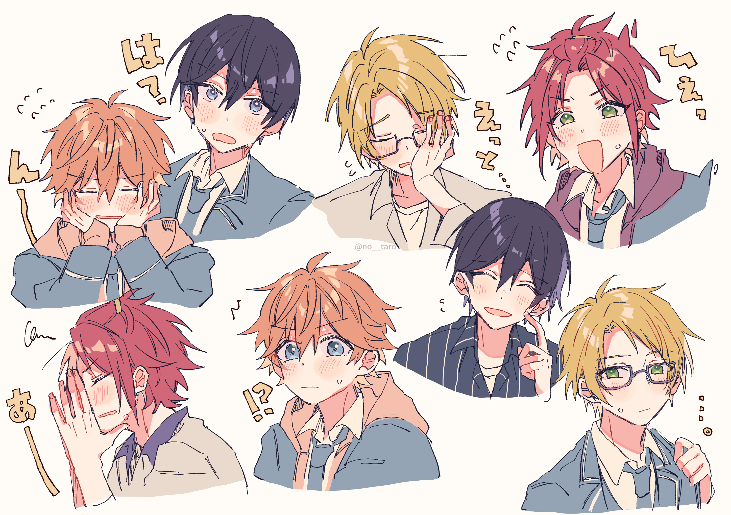 zu tonatuyasumi, akehoshi subaru, hidaka hokuto, isara mao, yuuki makoto (ensemble stars!), ensemble stars!, highres, !?, …, bangs pinned back, black hair, blonde hair, blue-framed eyewear, blue eyes, blue jacket, blush, closed mouth, glasses, green eyes, hands on own cheeks, hands on own face, hood, hoodie, index finger raised, jacket, male focus, open mouth, orange hair, portrait, red hair, school uniform, short hair, simple background, smile, sweat, sweatdrop, trickstar (ensemble stars!), white background, yumenosaki school uniform