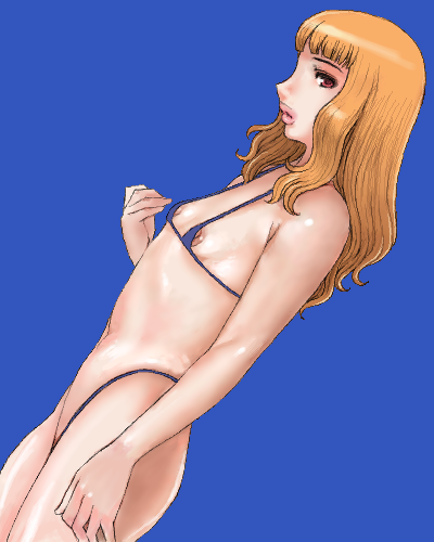 matoyama, lowres, bikini, blonde hair, blunt bangs, flat chest, long hair, micro bikini, nipple slip, nipples, profile, red eyes, swimsuit